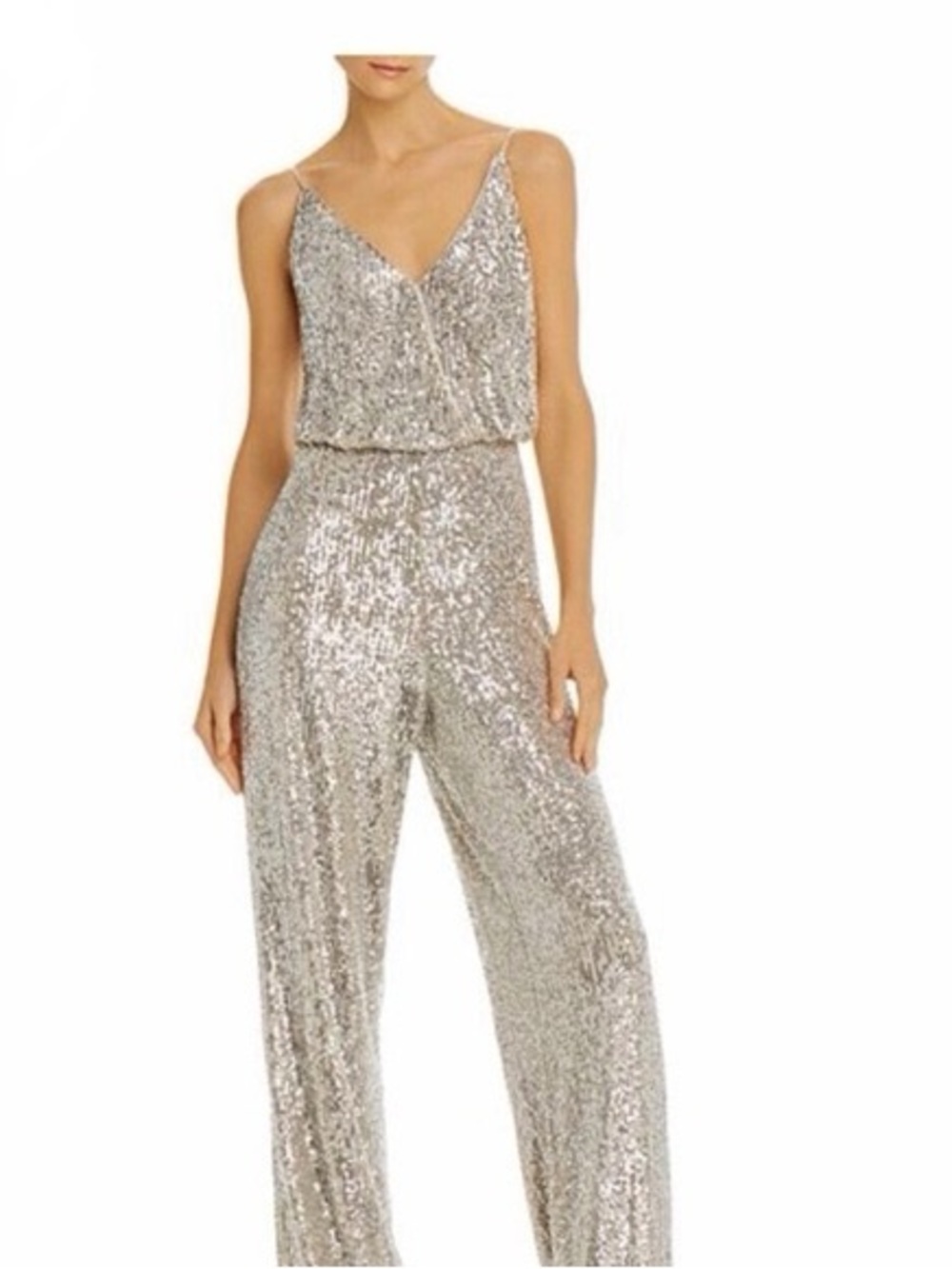 Aidan Mattox Silver Sequin Surplice V-Neck Wide-Leg Jumpsuit